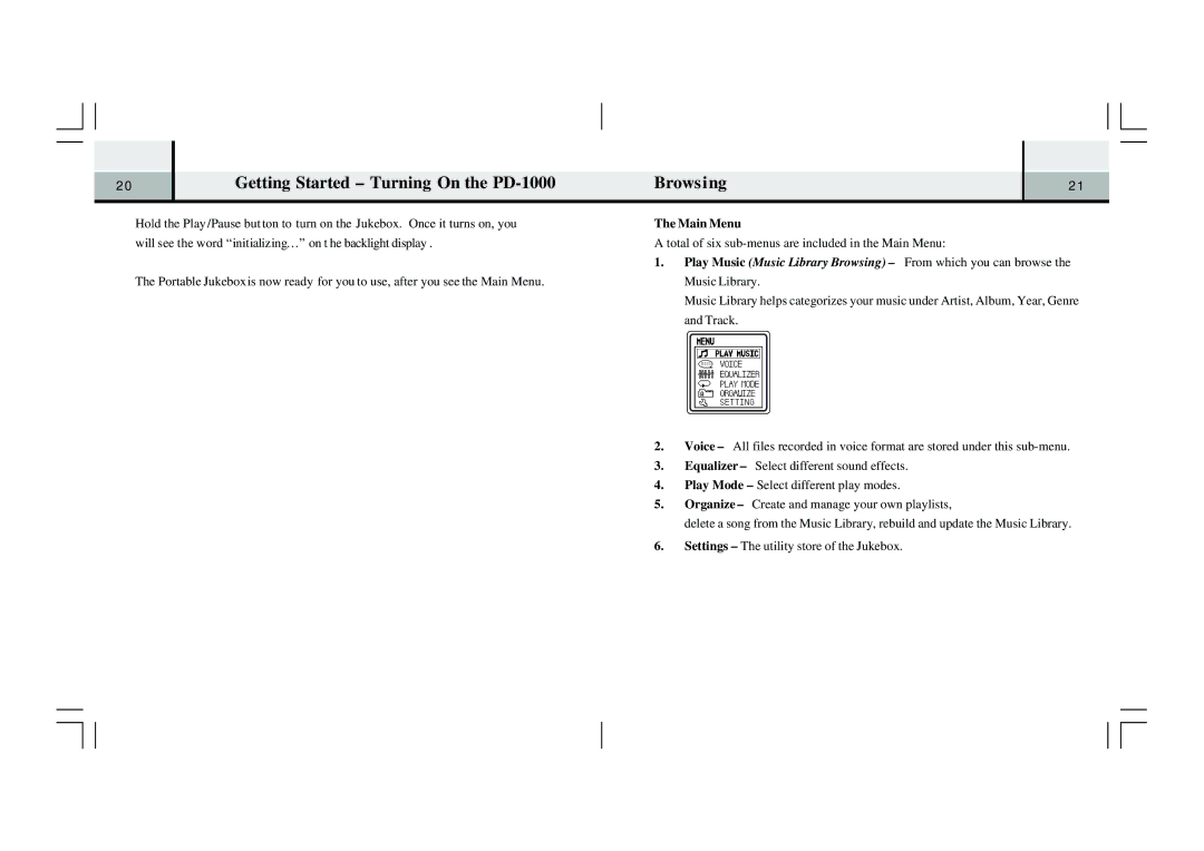 Perception Digital specifications Getting Started -Turning On the PD-1000 Browsing, Main Menu 