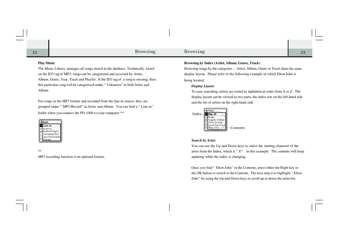 Perception Digital PD-1000 Play Music, Browsing by Index Artist, Album, Genre, Track, Display Layout, Search by Artist 