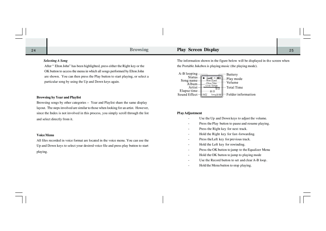 Perception Digital PD-1000 specifications Play Screen Display, Selecting a Song, Browsing by Year and Playlist, Voice Menu 