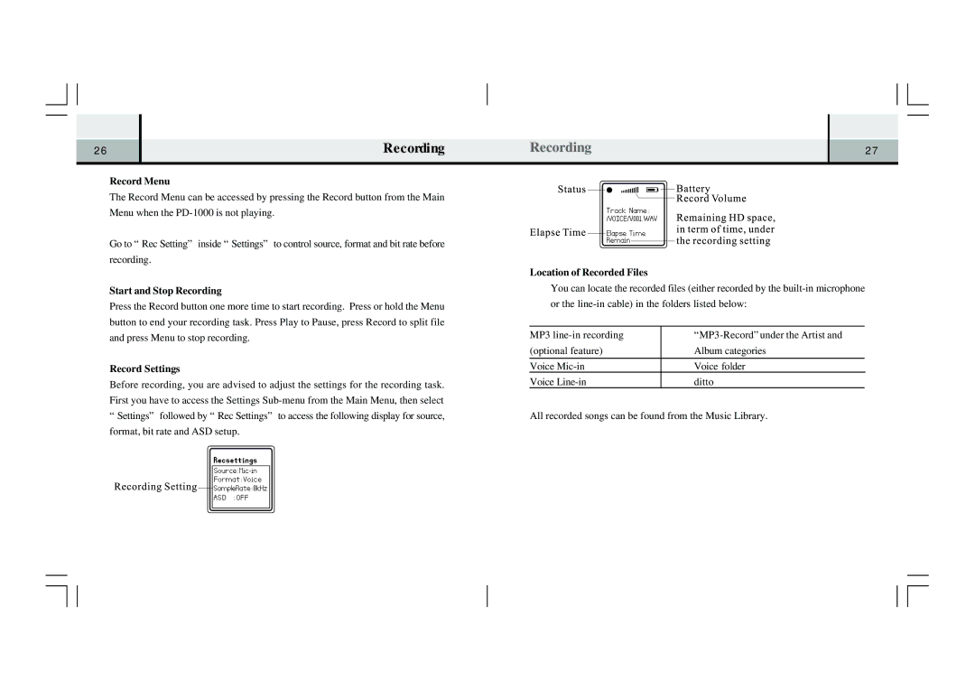 Perception Digital PD-1000 specifications Recording 