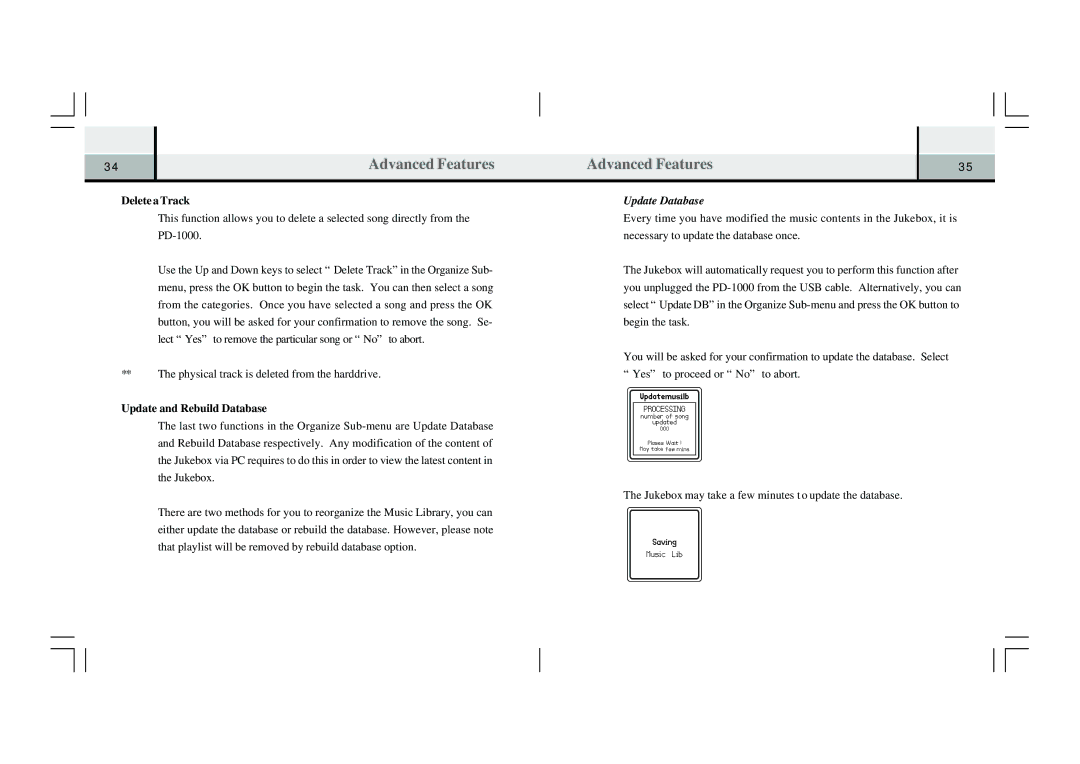 Perception Digital PD-1000 specifications Delete a Track, Update and Rebuild Database, Update Database 