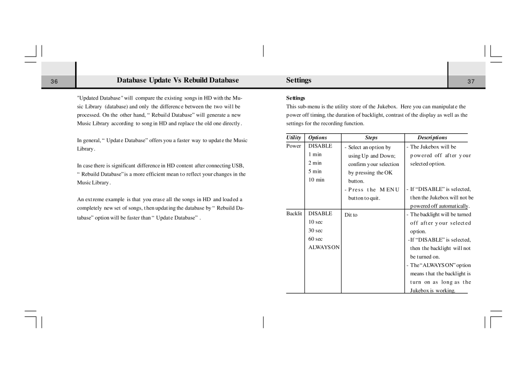 Perception Digital PD-1000 Database Update Vs Rebuild Database, Settings, Utility Options Steps Descri ptions 