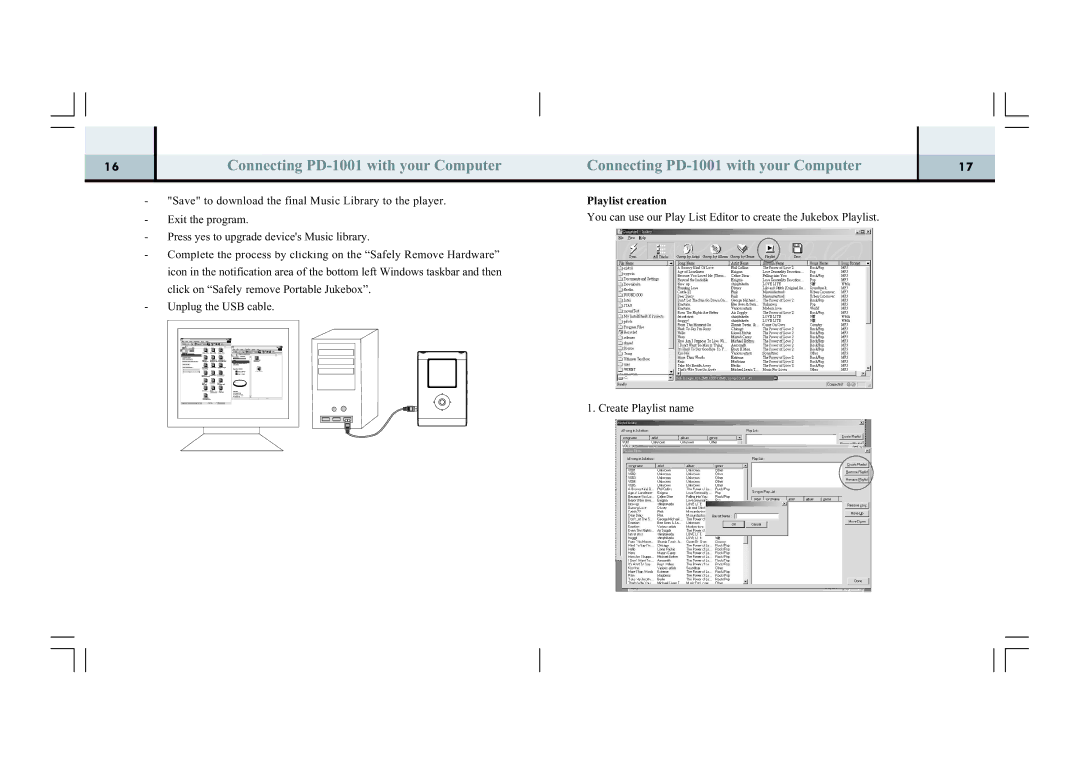 Perception Digital manual Connecting PD-1001 with your Computer, Playlist creation 