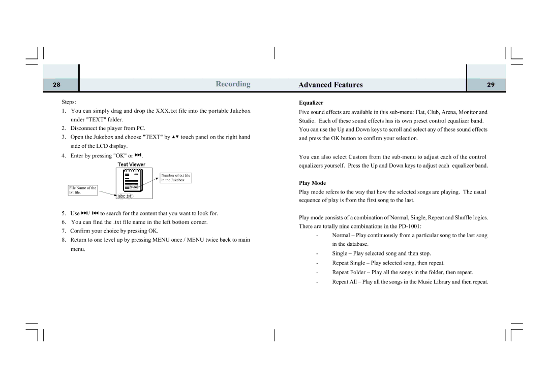 Perception Digital PD-1001 manual Advanced Features, Equalizer, Play Mode 