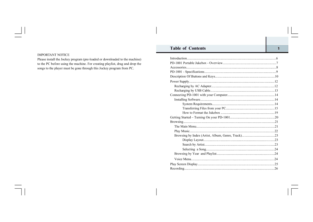 Perception Digital PD-1001 manual Table of Contents 