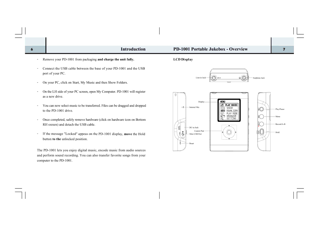 Perception Digital manual Introduction, PD-1001 Portable Jukebox Overview, LCD Di spl ay 