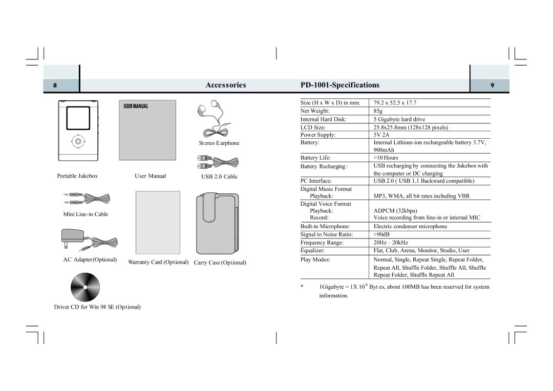 Perception Digital manual Accessories, PD-1001-Specifications 