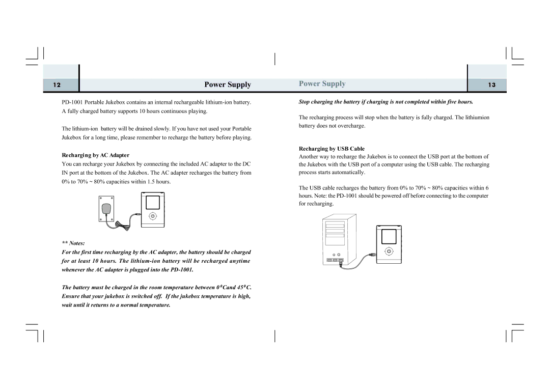 Perception Digital PD-1001 manual Power Supply, Recharging by AC Adapter, Recharging by USB Cable 