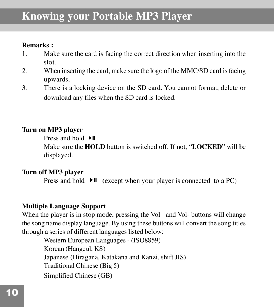 Perception Digital PD-200 manual Remarks, Turn on MP3 player, Turn off MP3 player, Multiple Language Support 