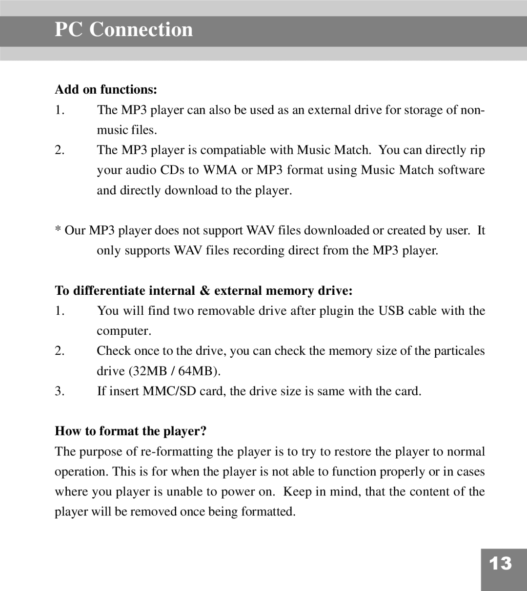 Perception Digital PD-200 Add on functions, To differentiate internal & external memory drive, How to format the player? 