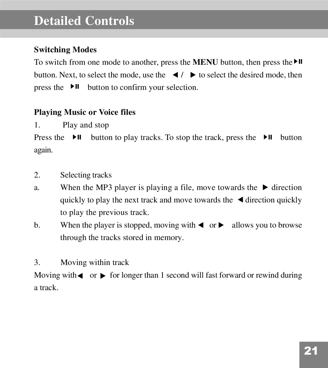 Perception Digital PD-200 manual Detailed Controls, Switching Modes, Playing Music or Voice files 