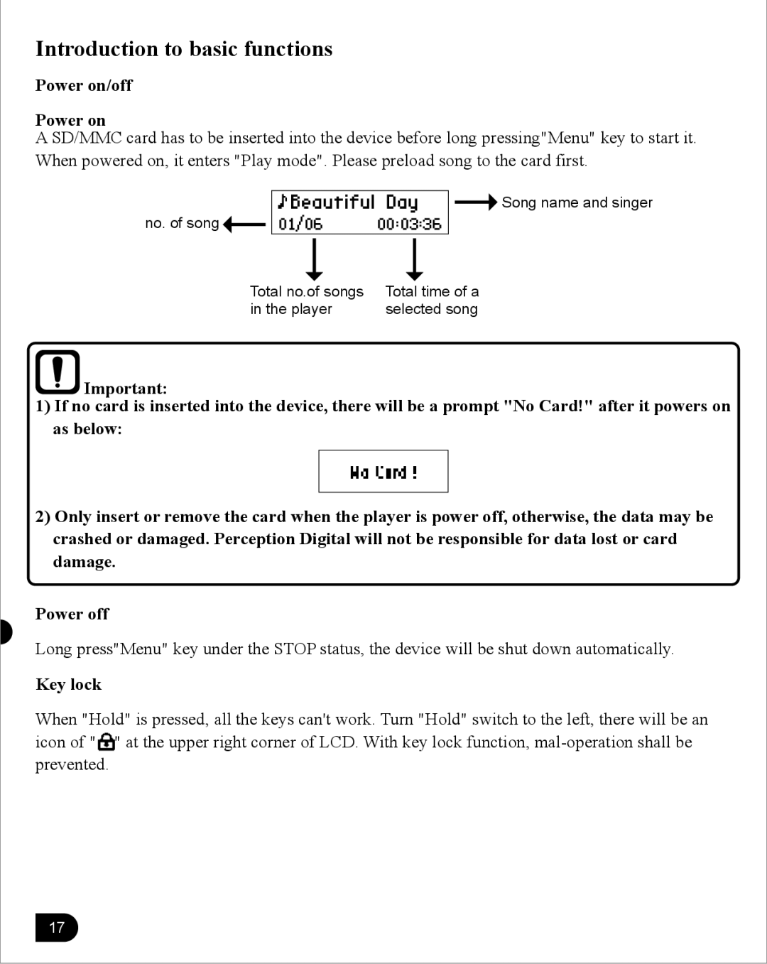 Perception Digital PD-205 user manual Introduction to basic functions, Power on/off, Key lock 