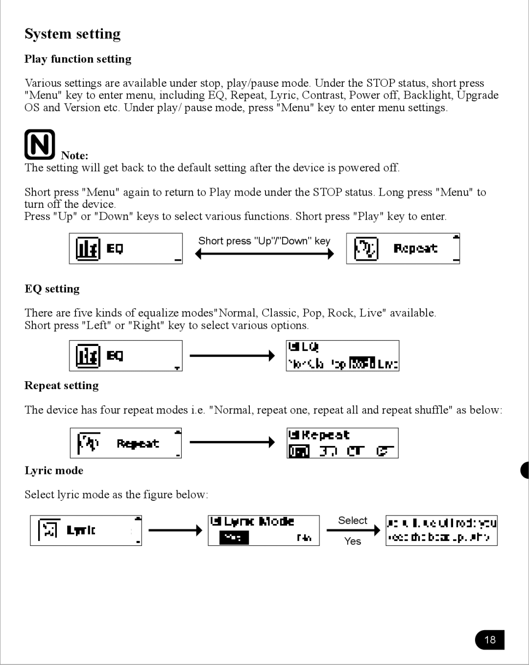 Perception Digital PD-205 user manual System setting, Play function setting, EQ setting, Repeat setting 