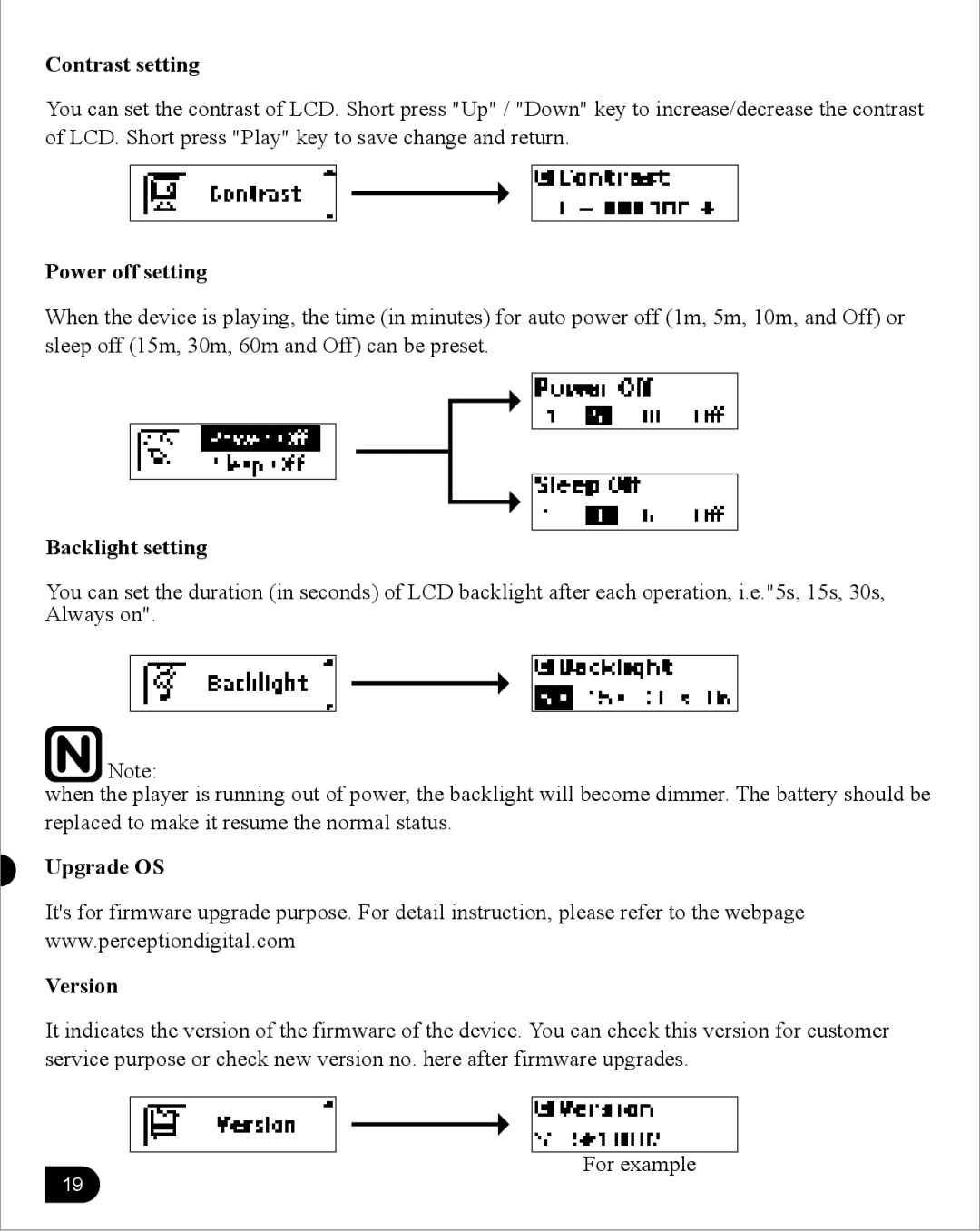 Perception Digital PD-205 user manual Contrast setting, Power off setting, Backlight setting, Upgrade OS Version 