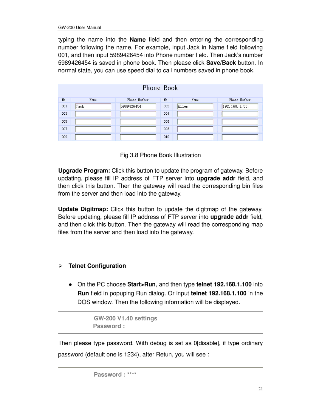 Perfectone Net Ware manual Telnet Configuration, GW-200 V1.40 settings Password 