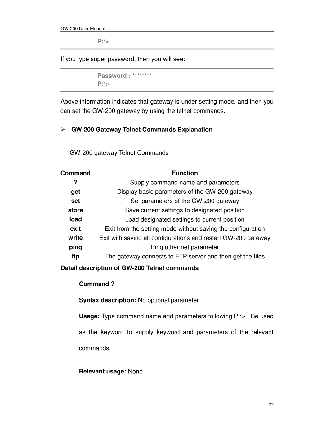 Perfectone Net Ware manual GW-200 Gateway Telnet Commands Explanation, Command Function, Set, Load, Exit, Write, Ping 