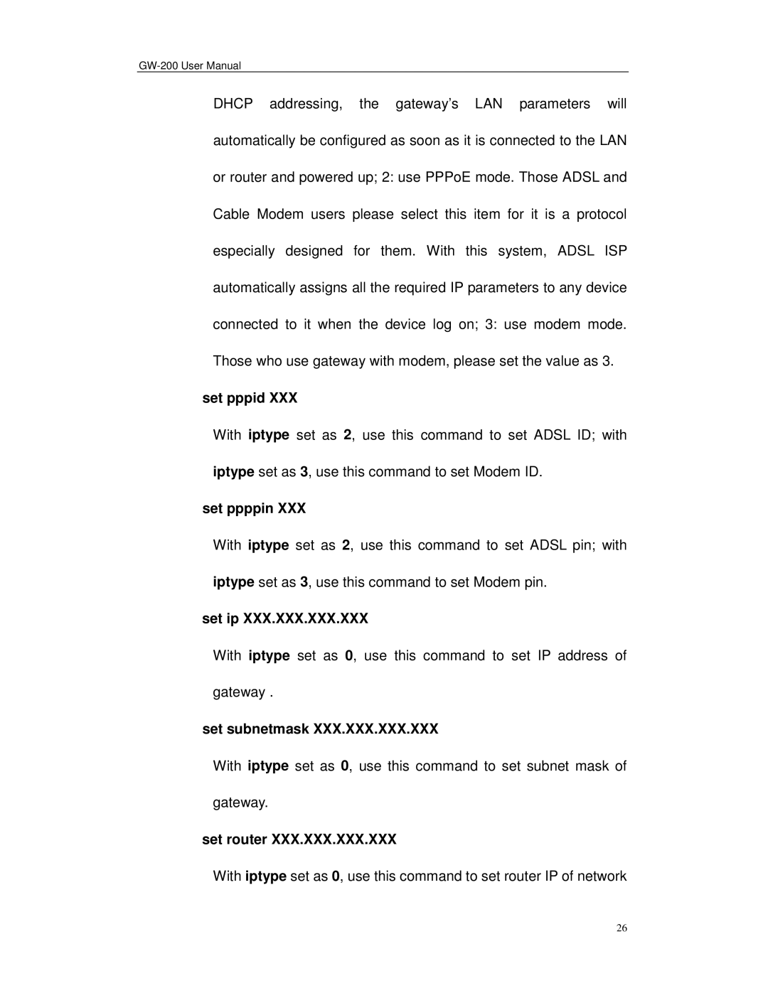 Perfectone Net Ware GW-200 manual Set pppid, Set ppppin, Set ip, Set subnetmask, Set router 