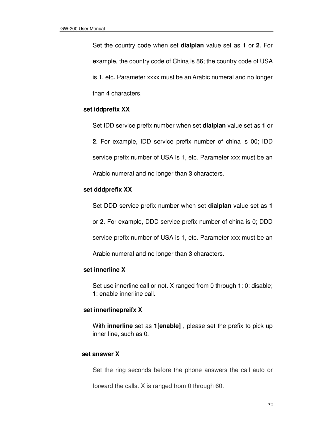 Perfectone Net Ware GW-200 manual Set iddprefix, Set dddprefix, Set innerlinepreifx, Set answer 