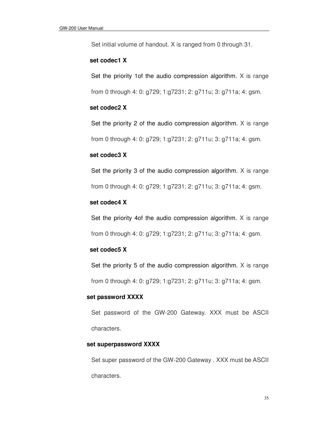 Perfectone Net Ware GW-200 Set codec1, Set codec2, Set codec3, Set codec4, Set codec5, Set password, Set superpassword 