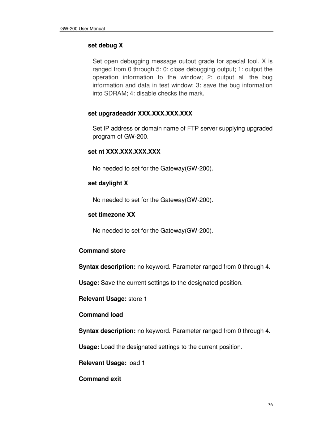 Perfectone Net Ware GW-200 manual Set debug, Set upgradeaddr, Set nt, Set daylight, Set timezone, Command store 