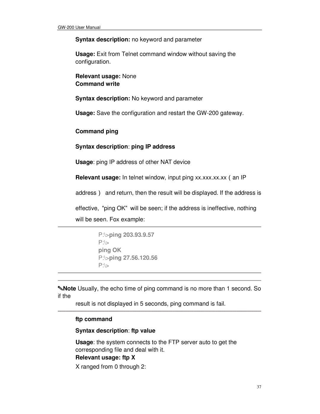 Perfectone Net Ware GW-200 manual Relevant usage None Command write, Command ping Syntax description ping IP address 