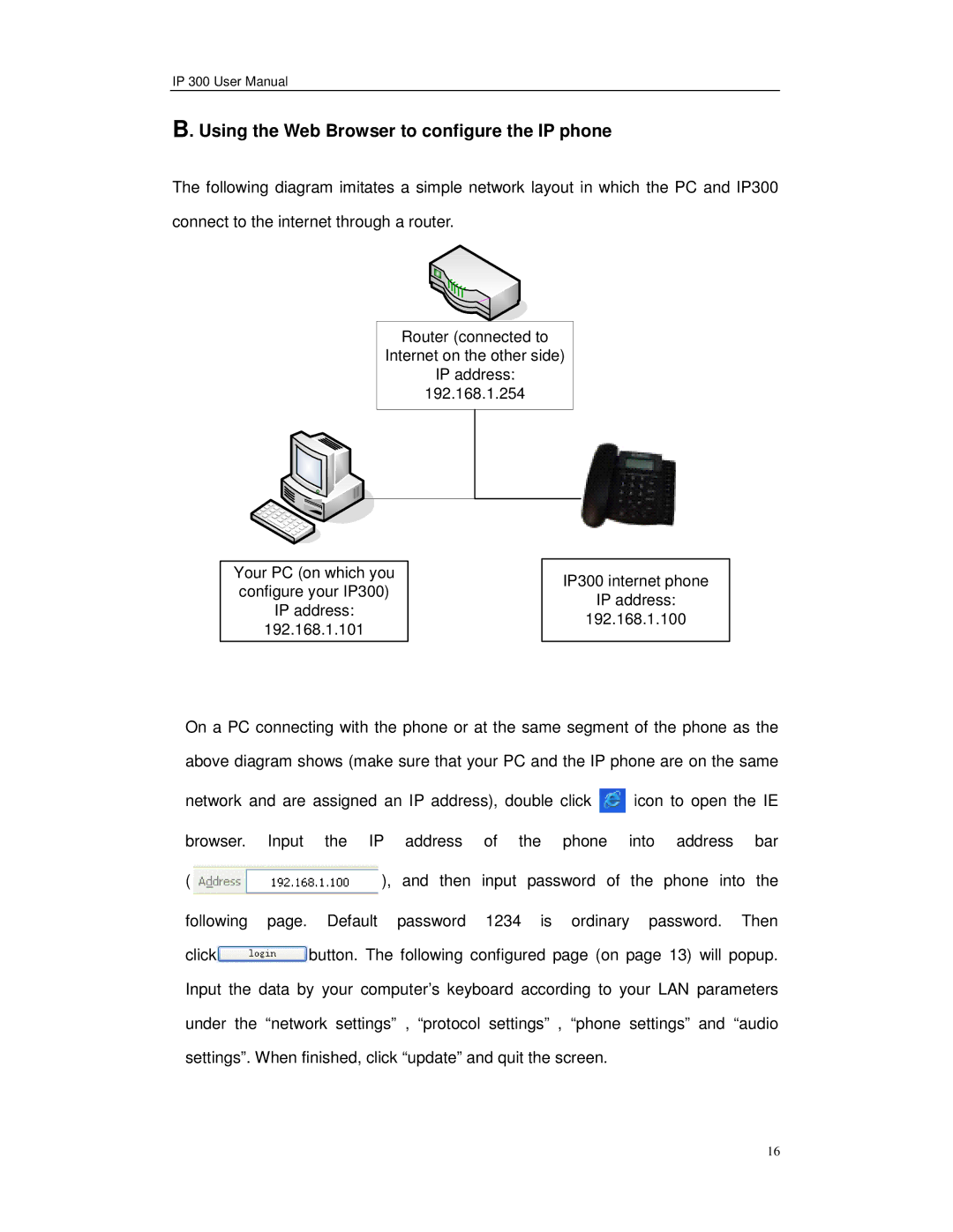 Perfectone Net Ware IP 300 manual Using the Web Browser to configure the IP phone 