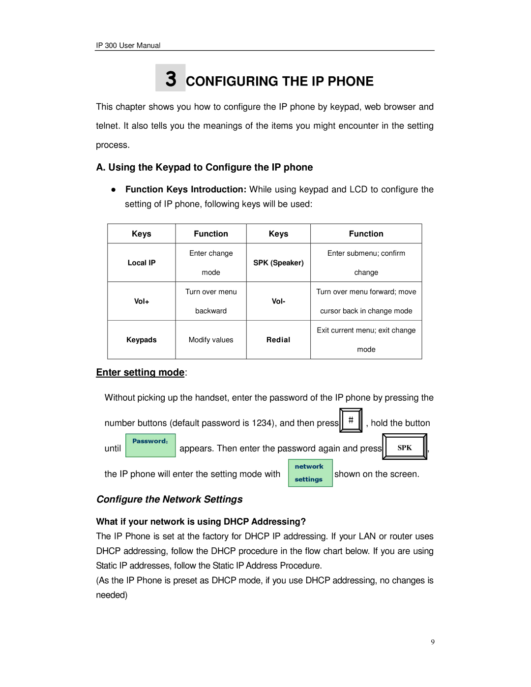 Perfectone Net Ware IP 300 manual Using the Keypad to Configure the IP phone, Enter setting mode 