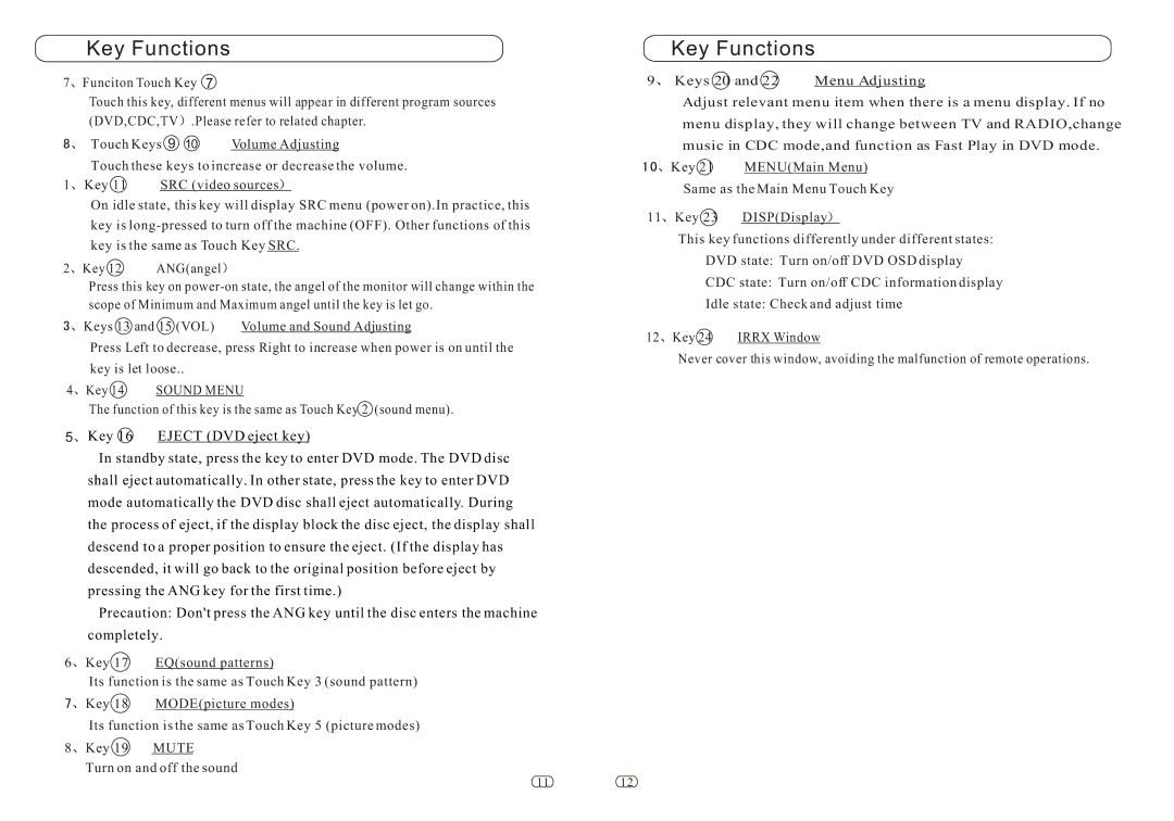 Performance Teknique ICBM-1-TOUCH manual Key Functions, Ï Â Ê Ç Ã æ å ´ ¼ ü ¹ Ä Ü Ë µ Ã ÷ 