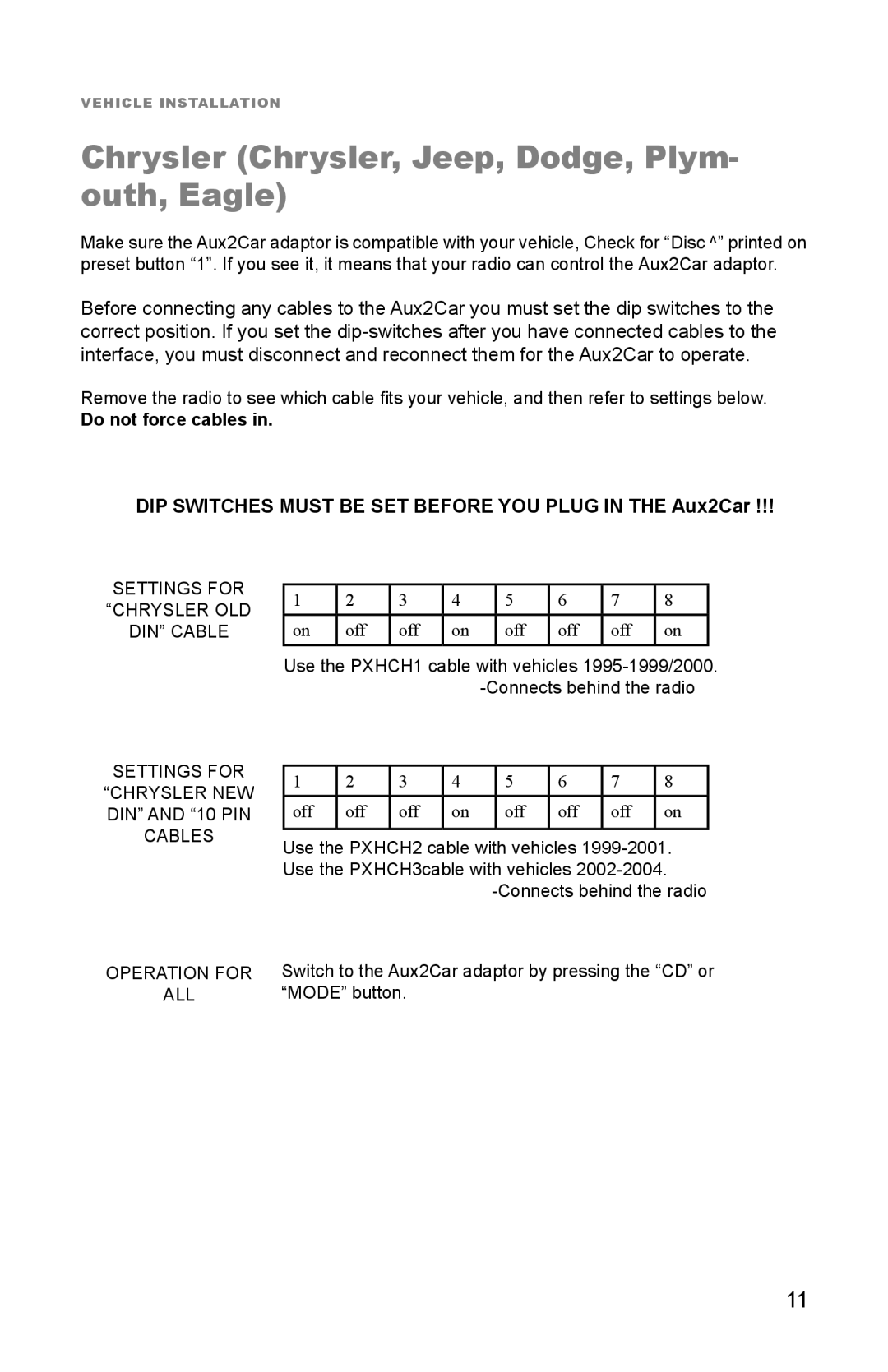 Peripheral Electronics Aux2Car instruction manual Chrysler Chrysler, Jeep, Dodge, Plym- outh, Eagle 