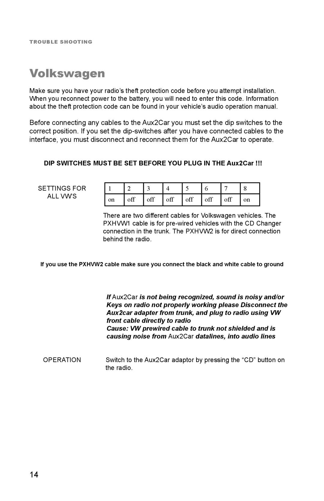 Peripheral Electronics Aux2Car instruction manual Volkswagen, Settings for 