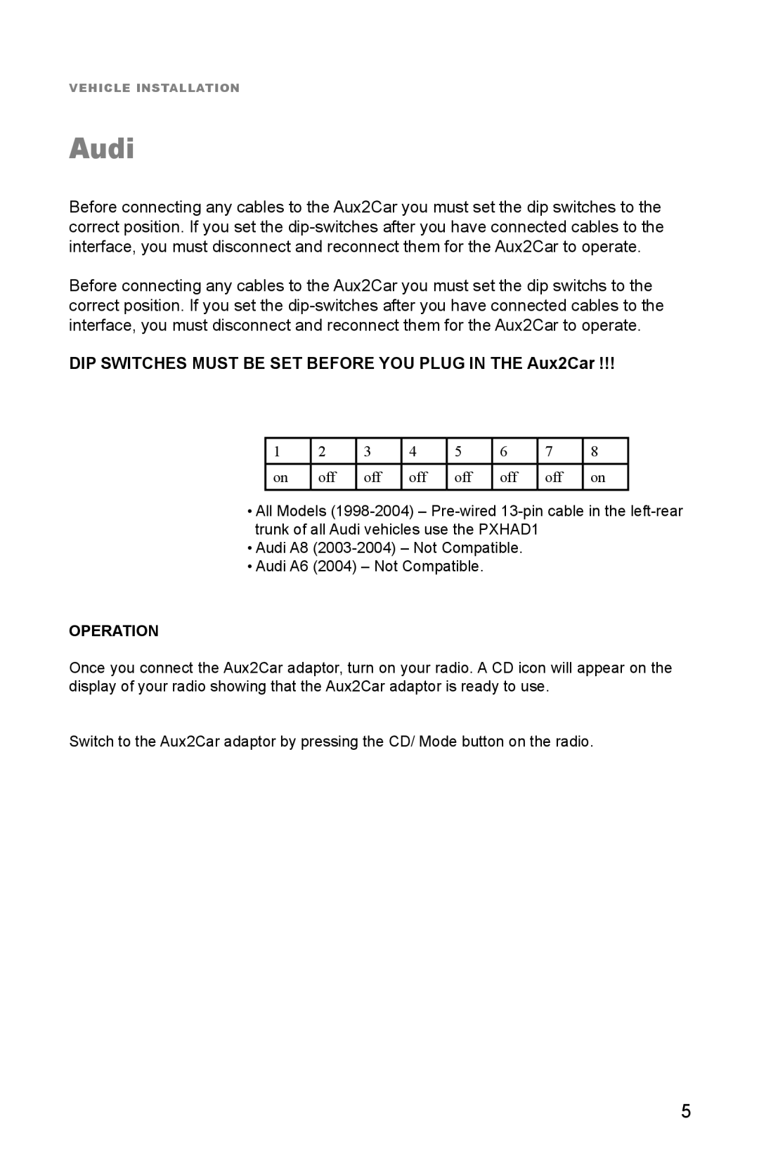 Peripheral Electronics Aux2Car instruction manual Audi 