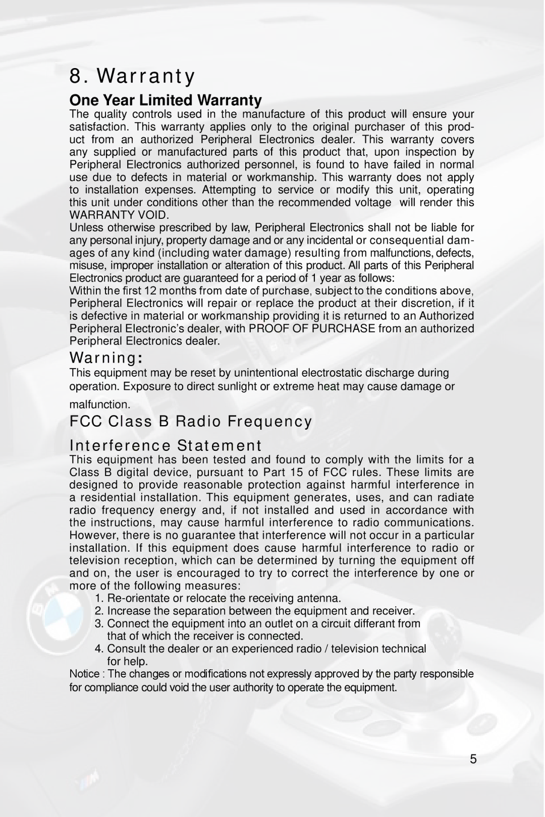 Peripheral Electronics ISBM72 One Year Limited Warranty, FCC Class B Radio Frequency Interference Statement 