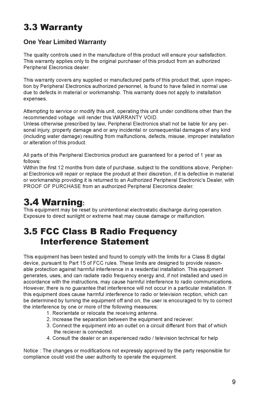 Peripheral Electronics MP3 Player Accessories Warranty, FCC Class B Radio Frequency Interference Statement 