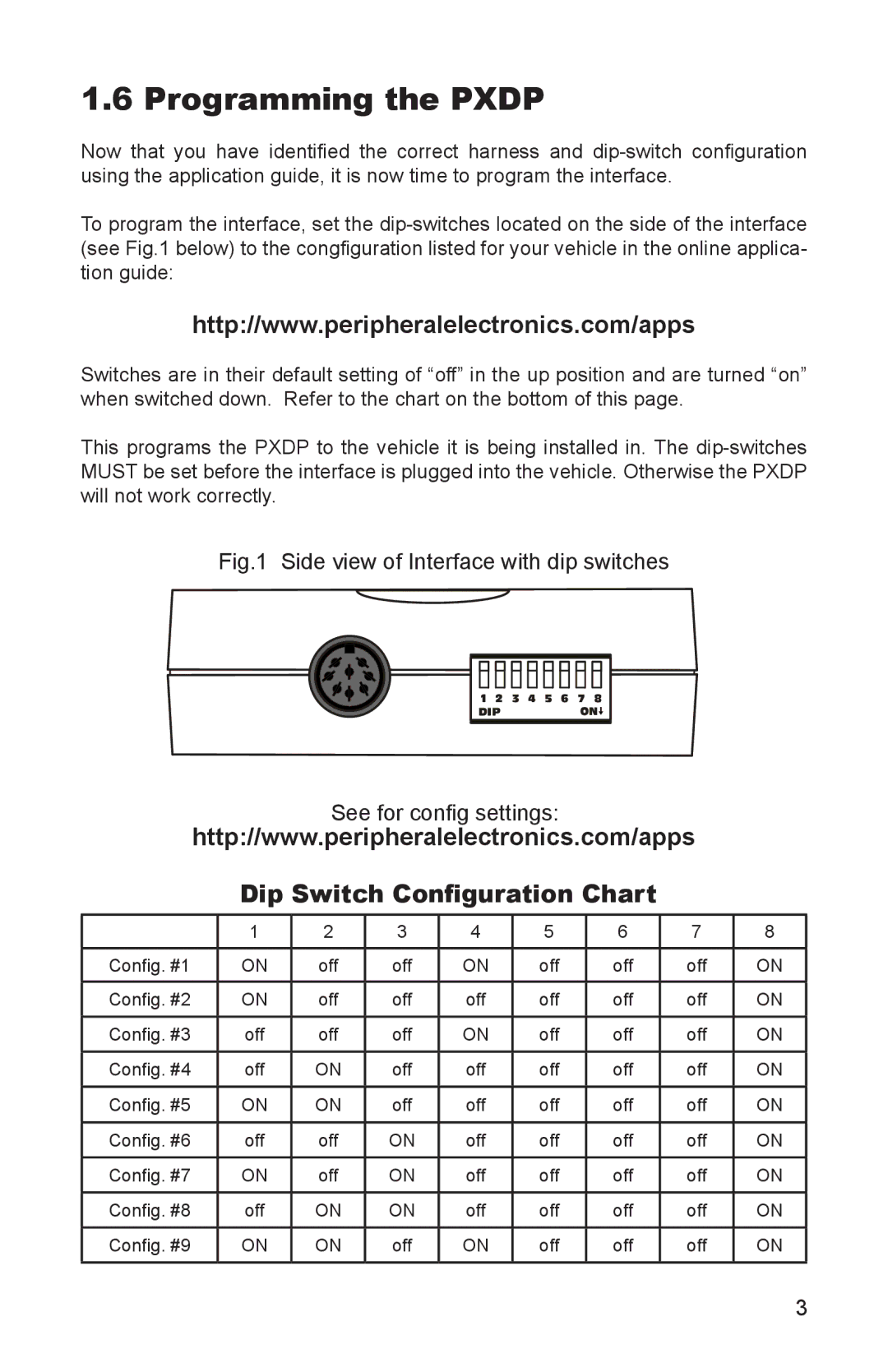 Peripheral Electronics MP3 Player Accessories instruction manual Programming the Pxdp, Dip Switch Configuration Chart 