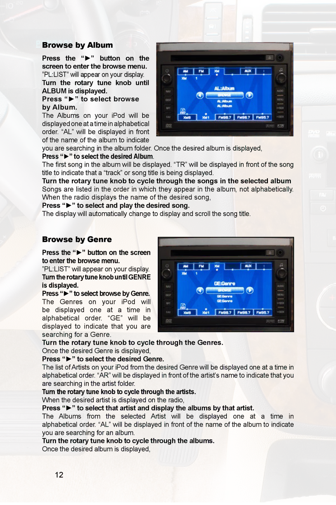 Peripheral Electronics PGHGM1 owner manual Browse by Album, Press to select the desired Genre 