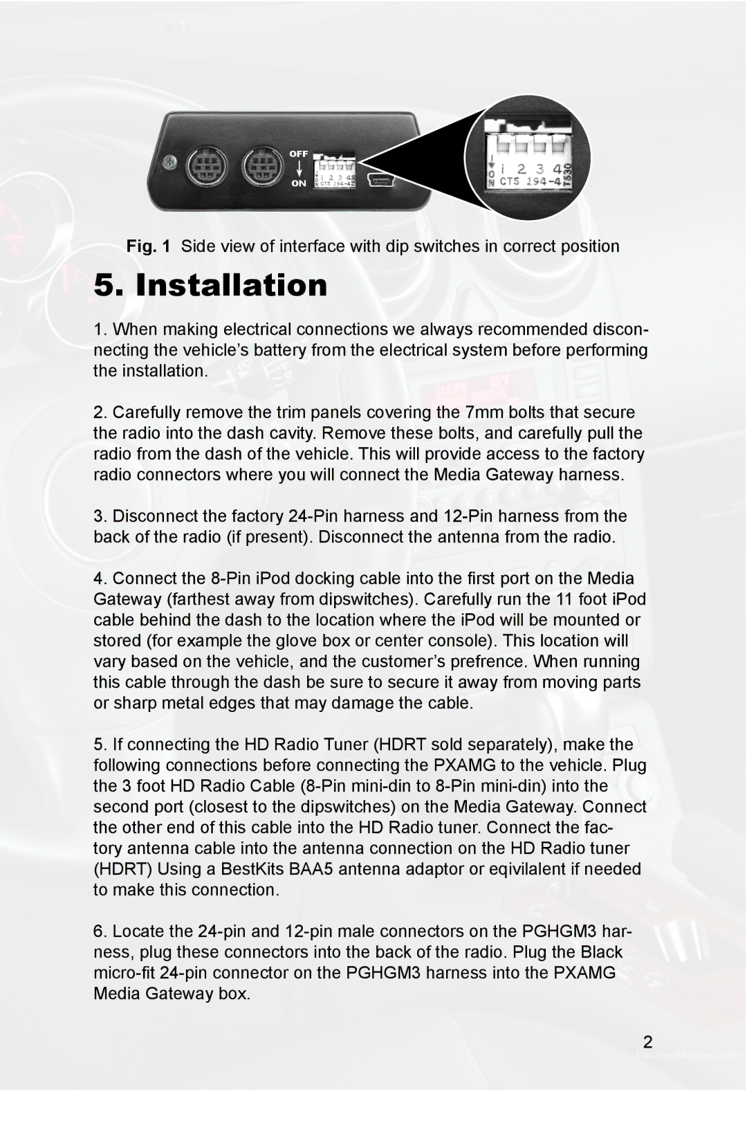 Peripheral Electronics PGHGM3 owner manual Installation, Side view of interface with dip switches in correct position 