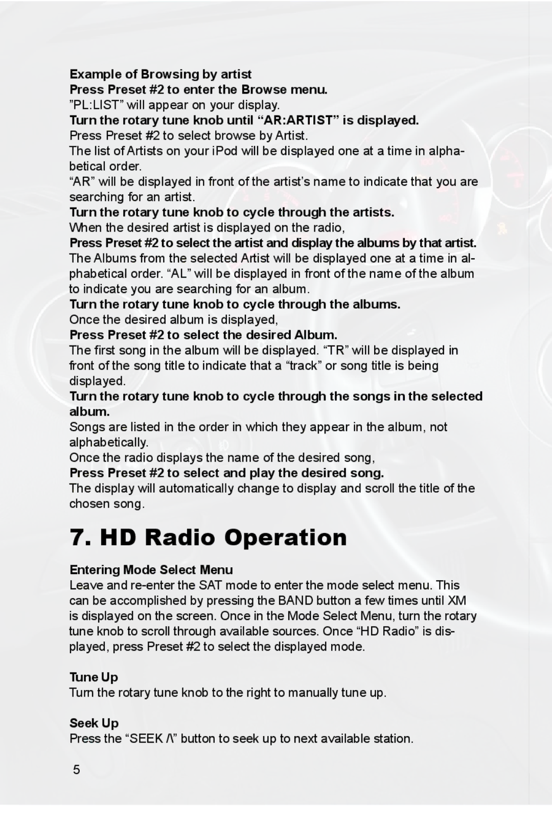 Peripheral Electronics PGHGM3 HD Radio Operation, Press Preset #2 to select and play the desired song, Tune Up, Seek Up 