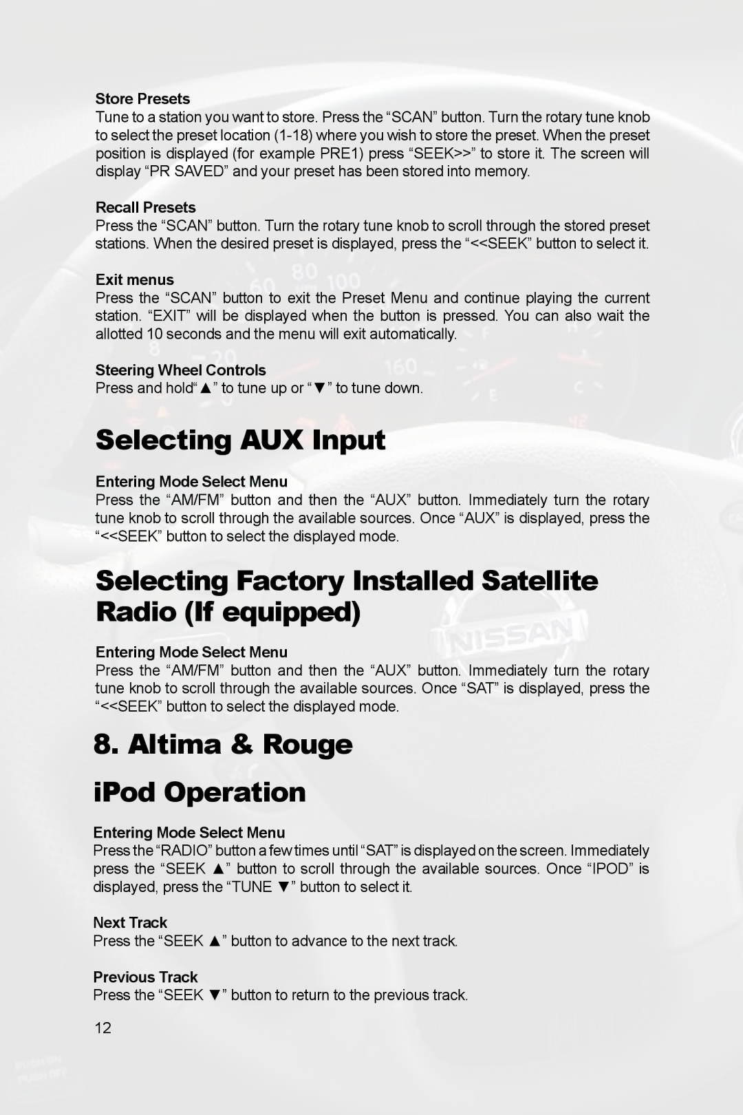 Peripheral Electronics PGHNI2 owner manual Altima & Rouge iPod Operation, Store Presets 