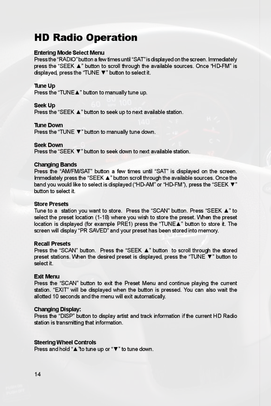 Peripheral Electronics PGHNI2 owner manual HD Radio Operation, Exit Menu 