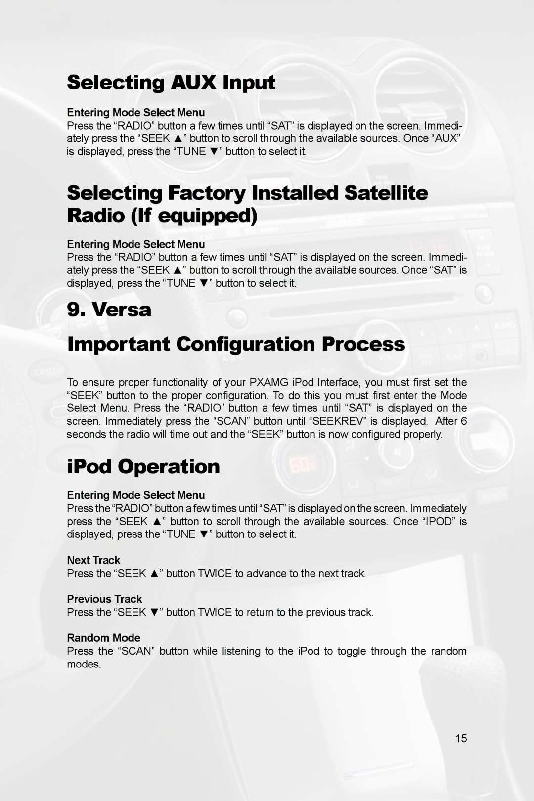 Peripheral Electronics PGHNI2 owner manual Selecting AUX Input, Versa Important Configuration Process 