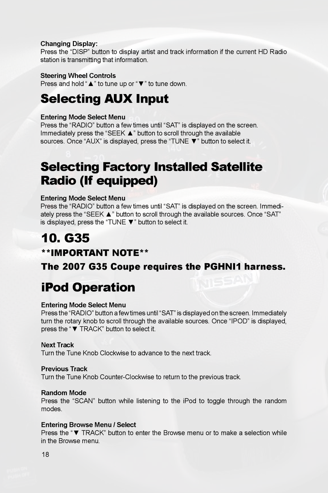 Peripheral Electronics PGHNI2 owner manual Selecting AUX Input, 10. G35 