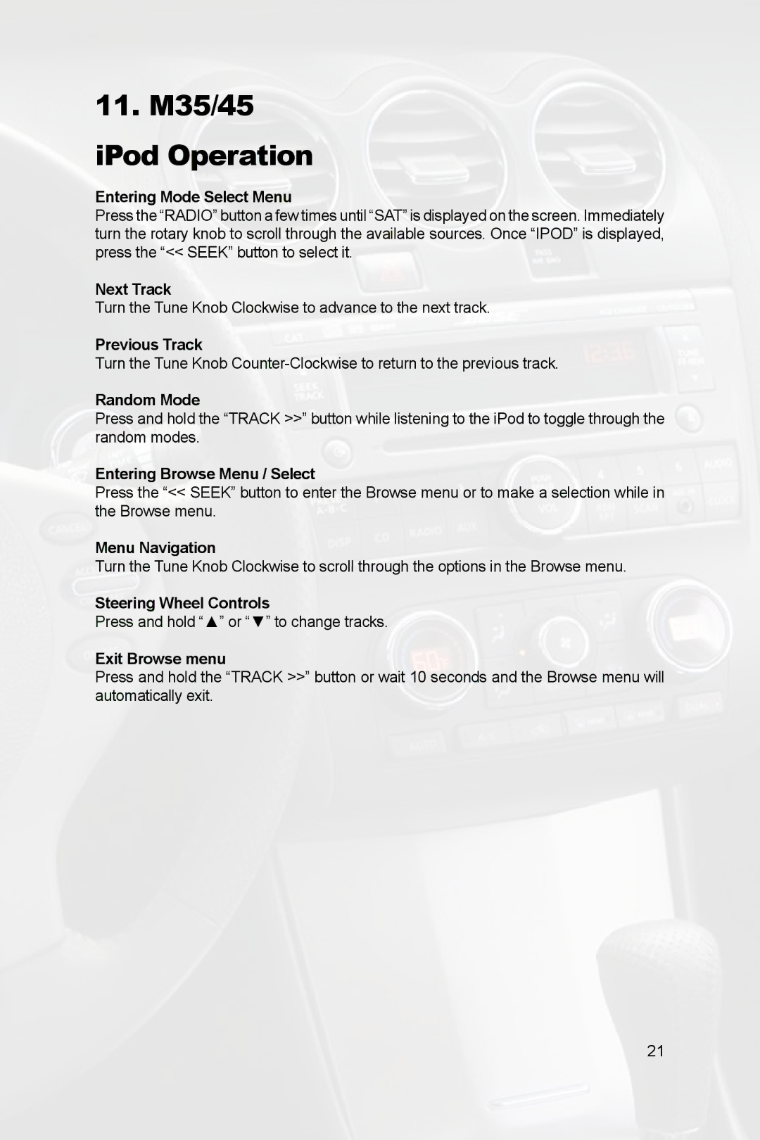 Peripheral Electronics PGHNI2 owner manual 11. M35/45 iPod Operation 