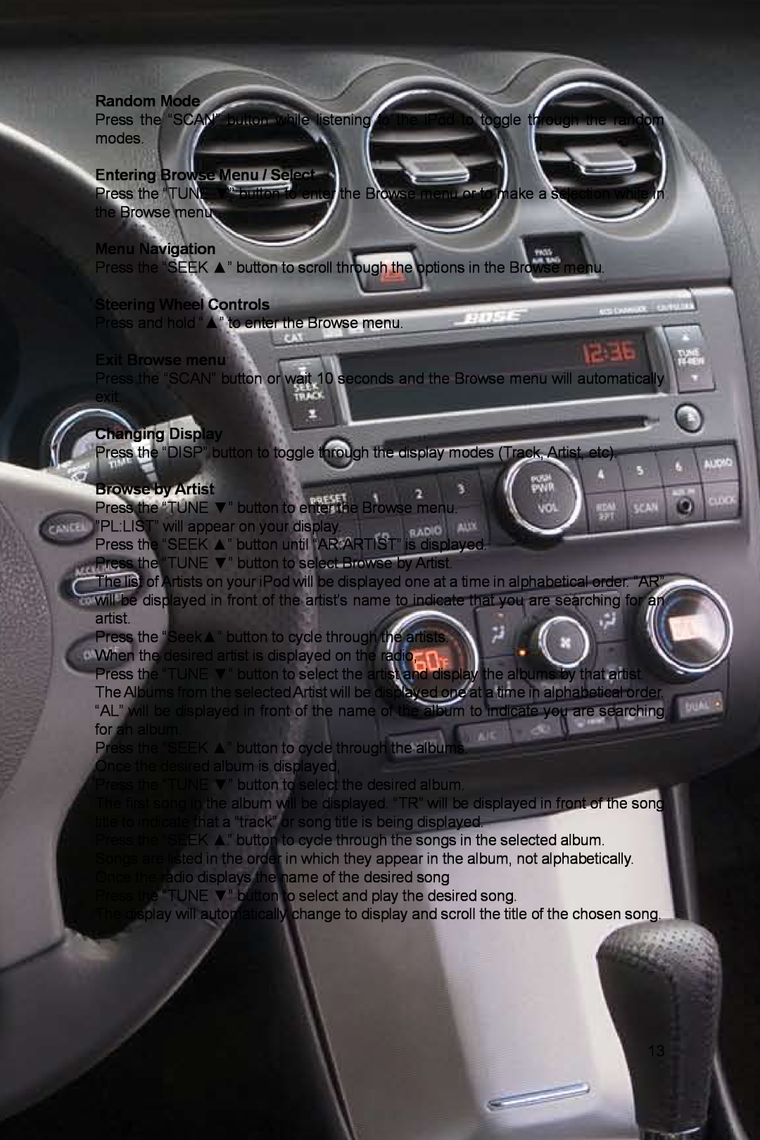 Peripheral Electronics PGHNI2 Random Mode, Entering Browse Menu / Select, Menu Navigation, Steering Wheel Controls 