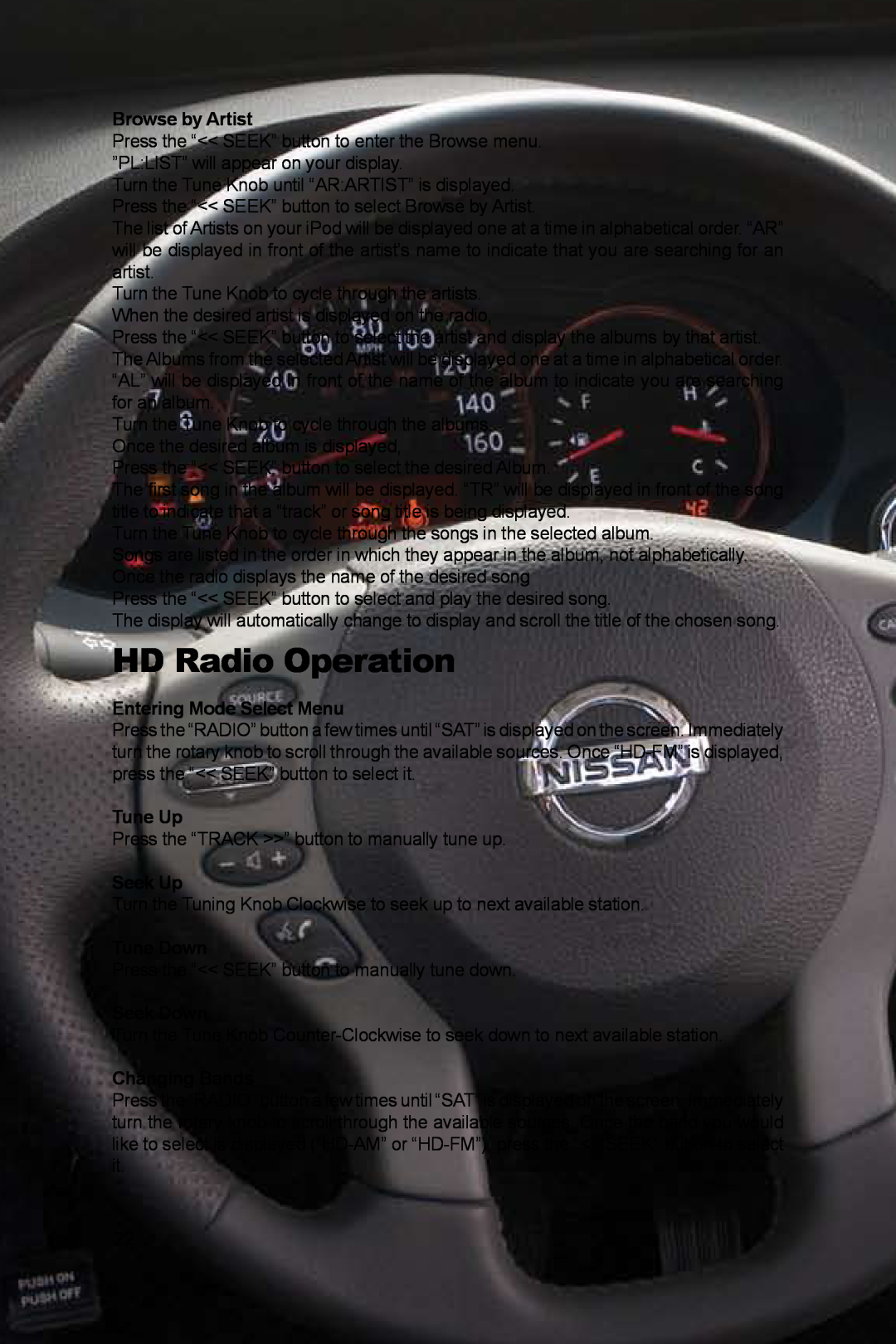 Peripheral Electronics PGHNI2 HD Radio Operation, Browse by Artist, Entering Mode Select Menu, Tune Up, Seek Up, Tune Down 