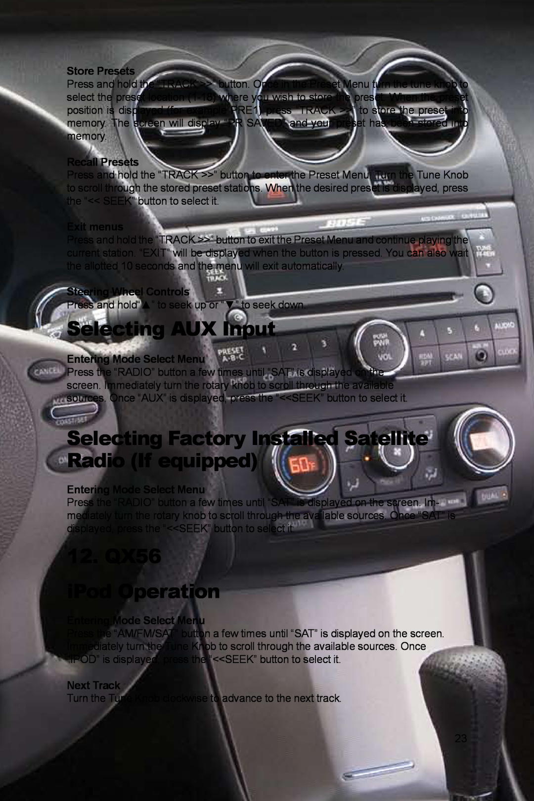 Peripheral Electronics PGHNI2 12. QX56 iPod Operation, Selecting AUX Input, Store Presets, Recall Presets, Exit menus 