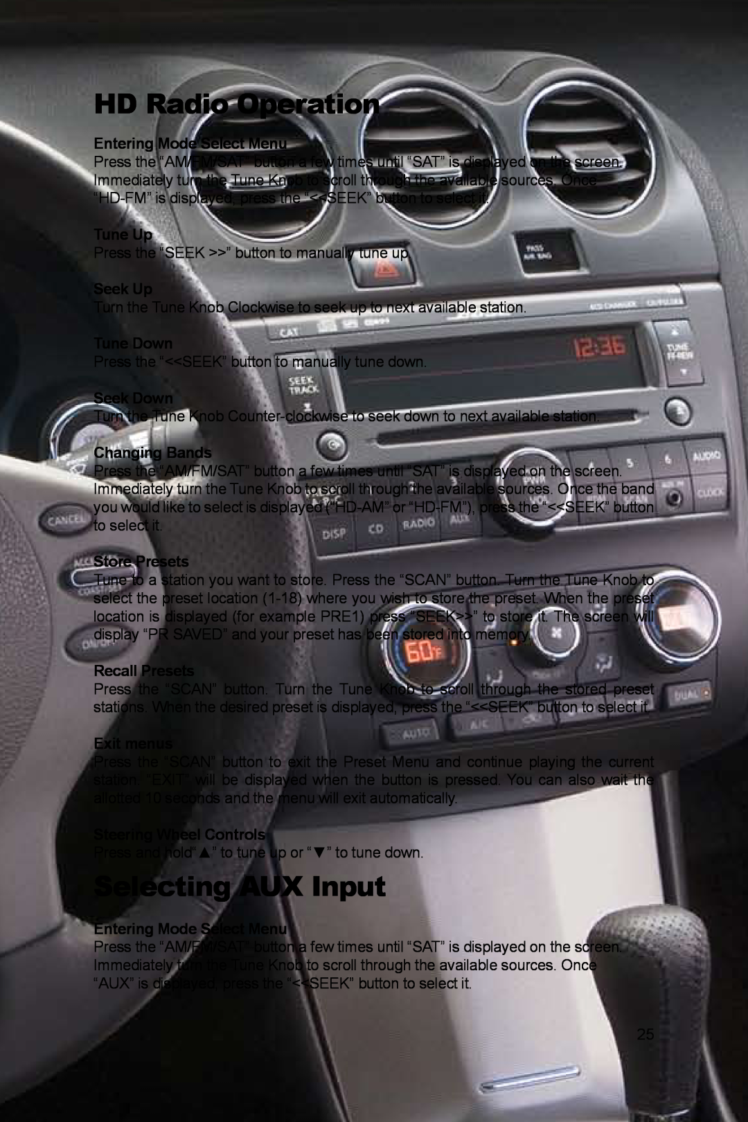 Peripheral Electronics PGHNI2 HD Radio Operation, Selecting AUX Input, Entering Mode Select Menu, Tune Up, Seek Up 