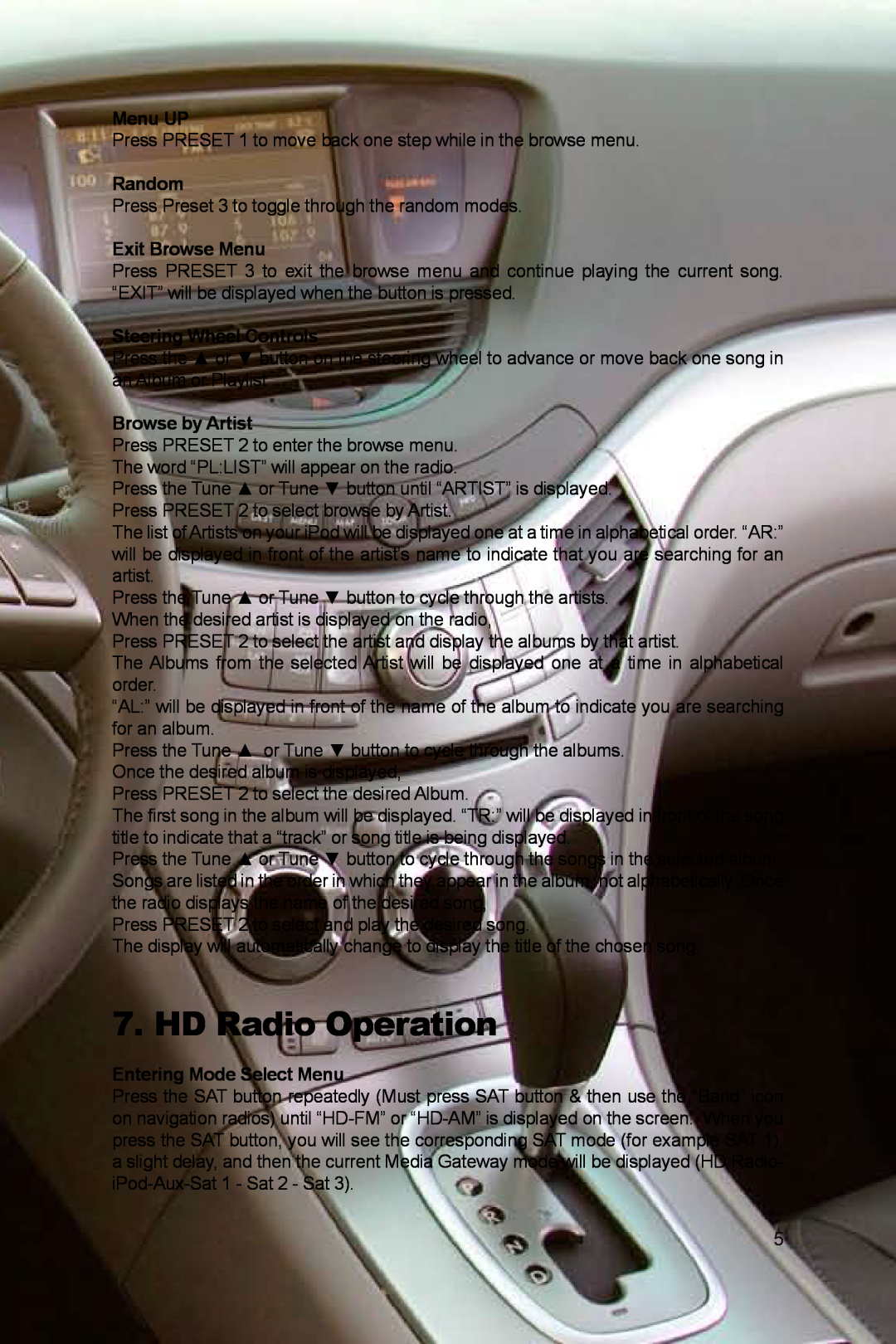 Peripheral Electronics PGHSB1 owner manual HD Radio Operation, Menu UP, Random, Exit Browse Menu, Steering Wheel Controls 