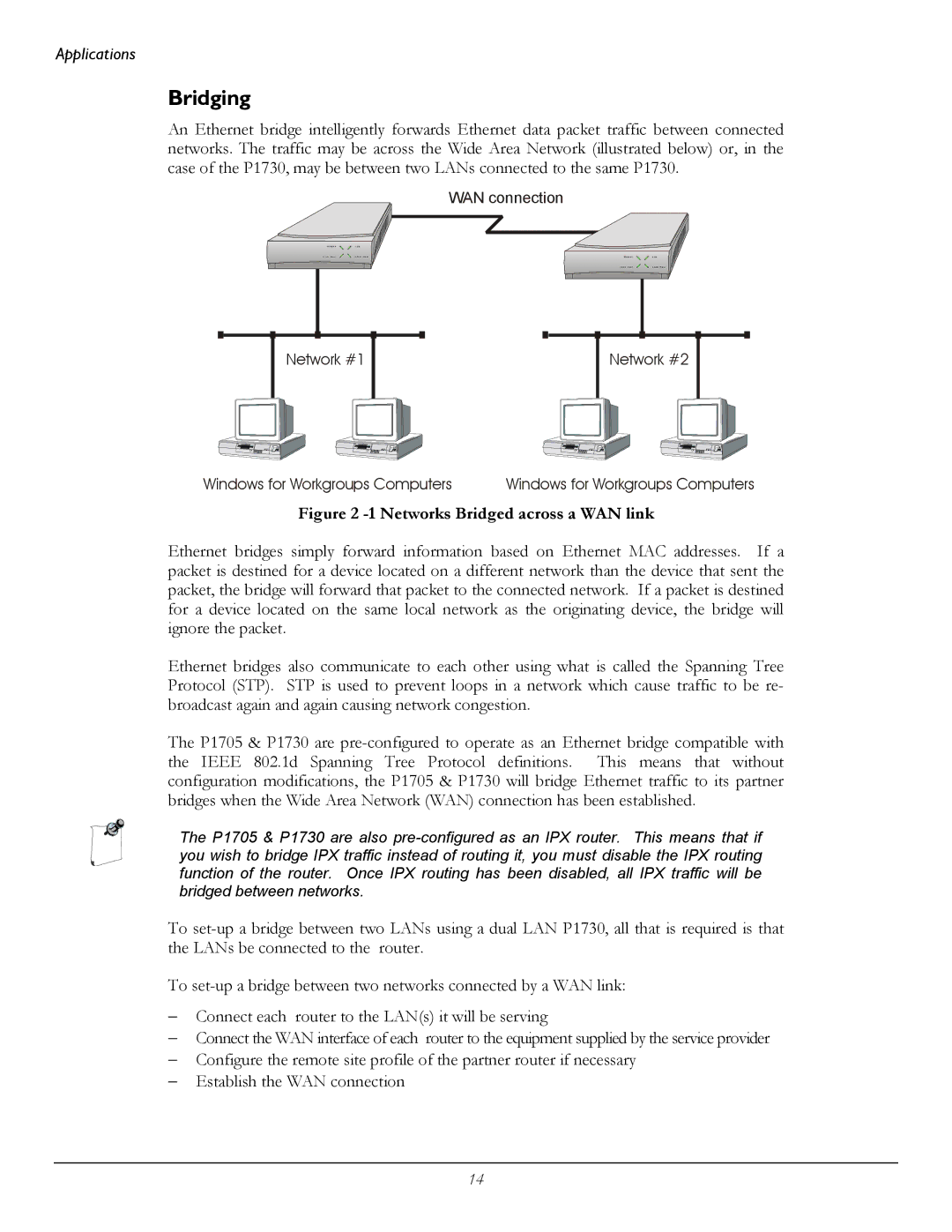 Perle Systems 1700 manual Bridging, Networks Bridged across a WAN link 