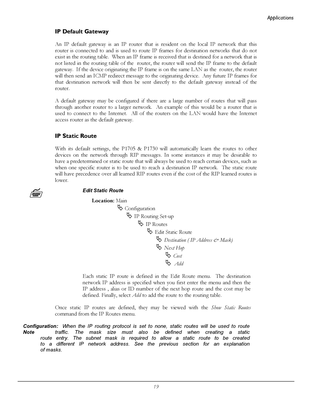 Perle Systems 1700 manual IP Default Gateway, IP Static Route 