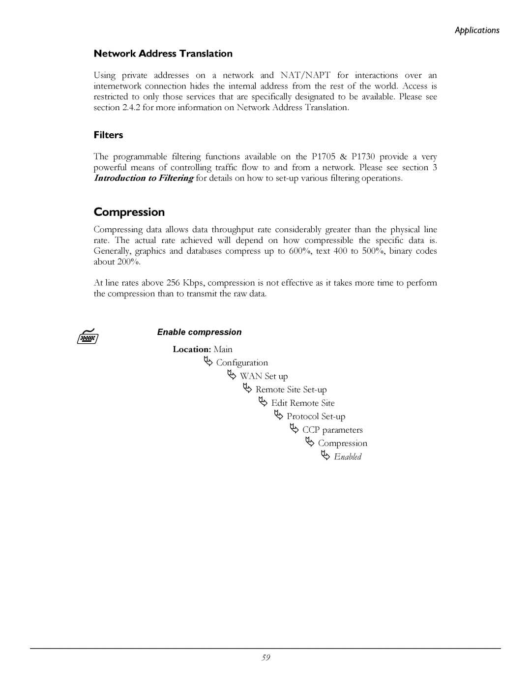 Perle Systems 1700 manual Compression, Network Address Translation, Filters 